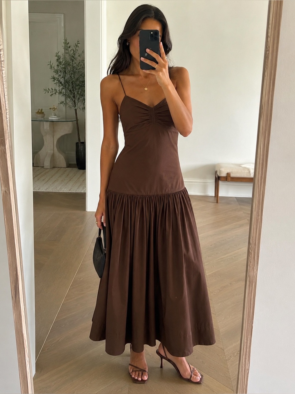 A.L.C. Harper Ruched Drop-Waist Brown Cotton Maxi Dress Size 0 NWT